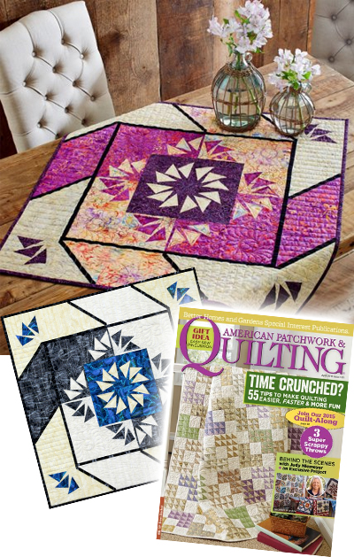 Paddlewheel in Batiks staged quilt photo, Reclaimed West Paddlewheel, and American Patchwork & Quilting Magazine Cover